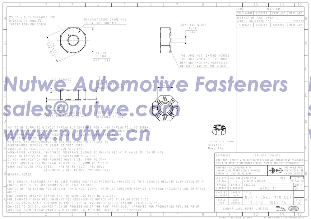 Jaguar W782111 Octagon Pierce Nuts, Octagon Clinch Nuts Engineer Drawing and Technical Data Sheet