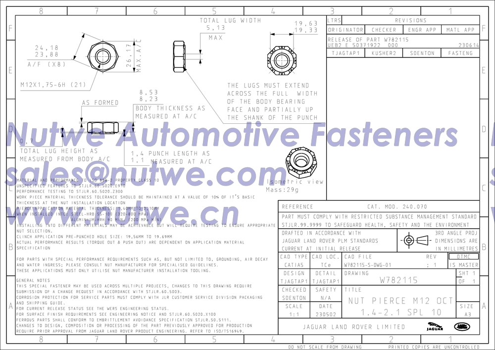 Jaguar W782115 Octagon Pierce Nuts, Octagon Clinch Nuts Engineer Drawing and Technical Data Sheet