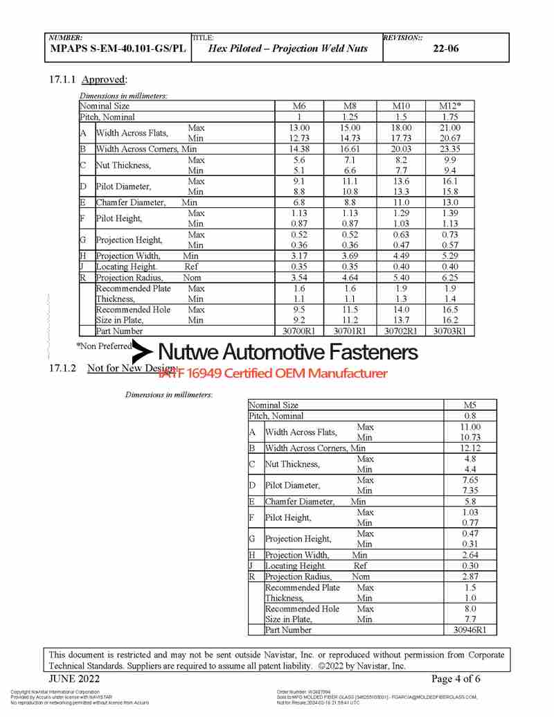 Navistar 30704R1 Hex Piloted Projection Hexagon Weld Nuts Engineer Drawing and Technical Data Sheet