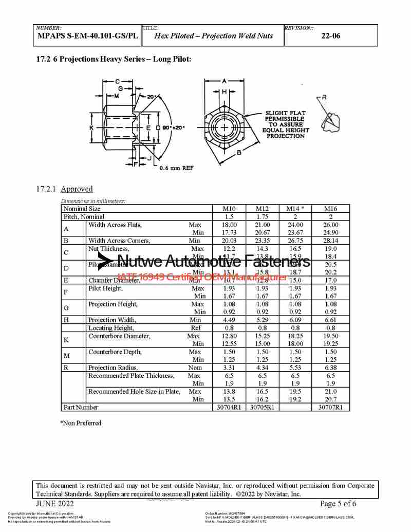 Navistar 30946R1 Hex Piloted Projection Hexagon Weld Nuts Engineer Drawing and Technical Data Sheet