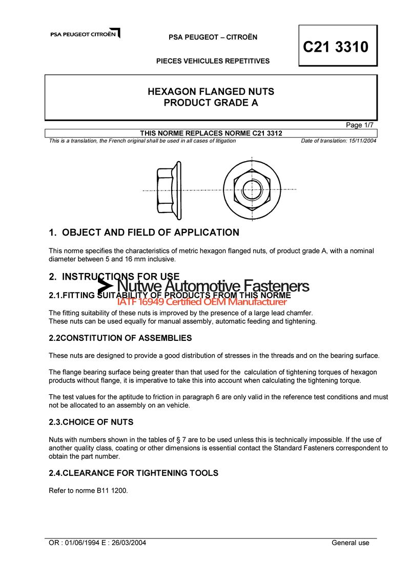 Peugeot 7903233047 Hexagon Flange Nuts Engineer Drawing and Technical Data Sheet