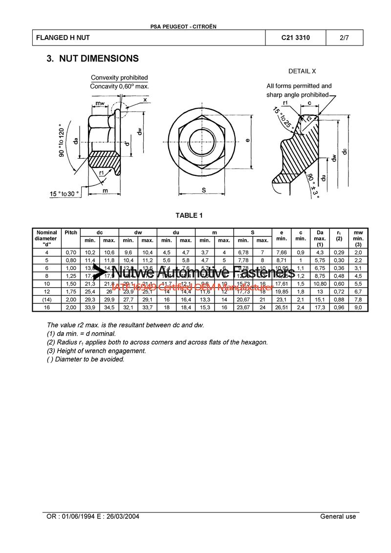 Peugeot 7903233048 Hexagon Flange Nuts Engineer Drawing and Technical Data Sheet