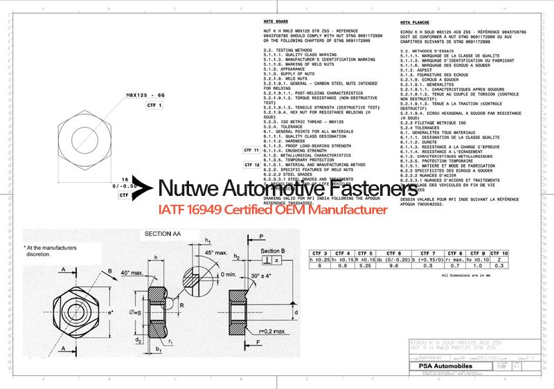 Peugeot 9843708780 Hexagon Weld Nuts Engineer Drawing and Technical Data Sheet