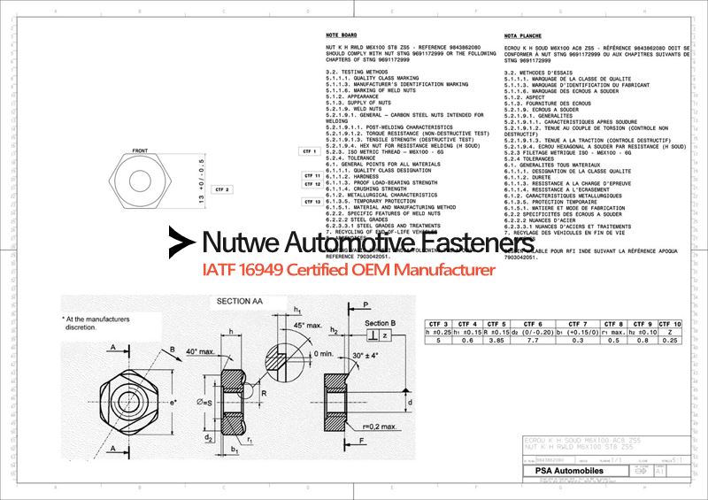 Peugeot 9843862080 Hexagon Weld Nuts Engineer Drawing and Technical Data Sheet