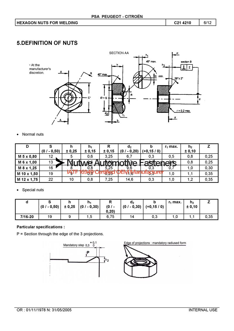 Peugeot 7903042998 Hexagon Weld Nuts Engineer Drawing and Technical Data Sheet