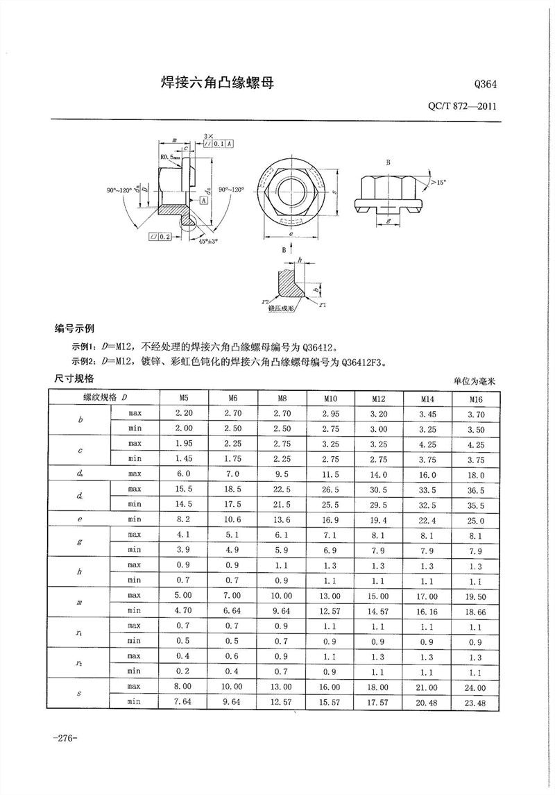 Q364 六角法兰焊接螺母 图纸和技术参数