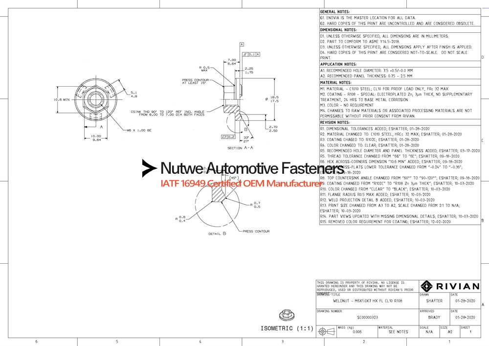 SC00000323 Hexagon Flange Weld Nuts Engineer Drawing and Technical Data Sheet