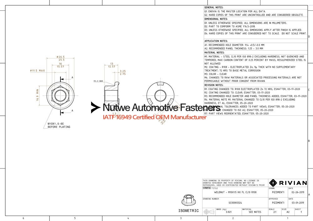 SC00000324 Hexagon Flange Weld Nuts Engineer Drawing and Technical Data Sheet