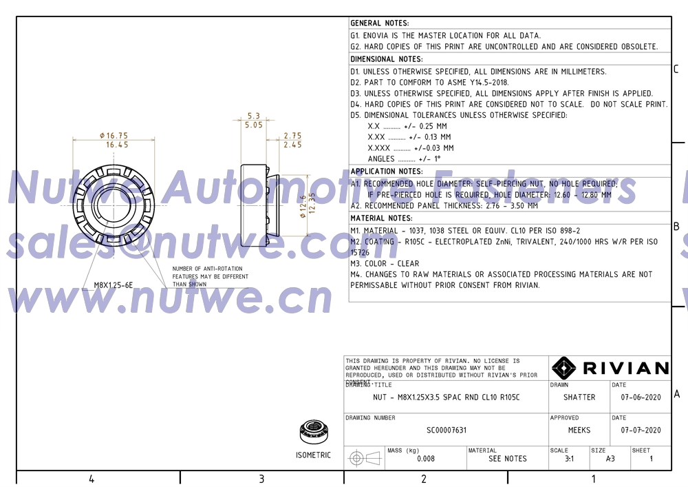 Rivian SC00007631 压铆螺母, 穿刺螺母 图纸和技术参数