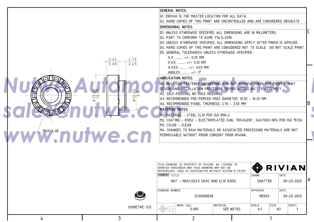 Rivian SC00008028 压铆螺母, 穿刺螺母 图纸和技术参数