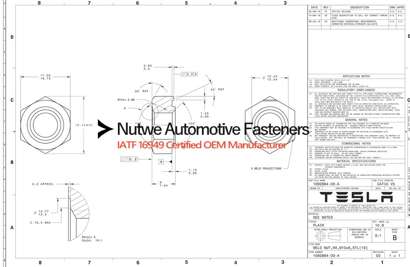 Tesla 1092864 Hexagon Weld Nuts Engineer Drawing and Technical Data Sheet