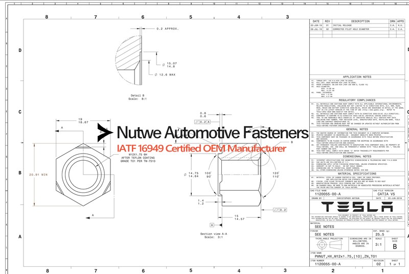 Tesla 1120055 Hexagon Weld Nuts Engineer Drawing and Technical Data Sheet