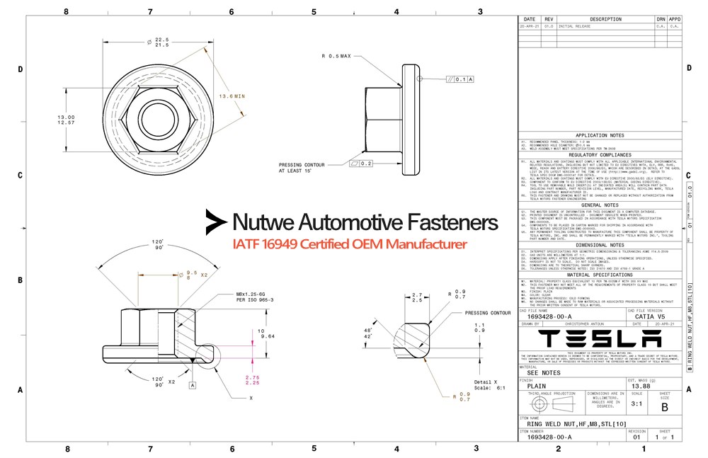 1693428 Hexagon Flange Weld Nuts Engineer Drawing and Technical Data Sheet