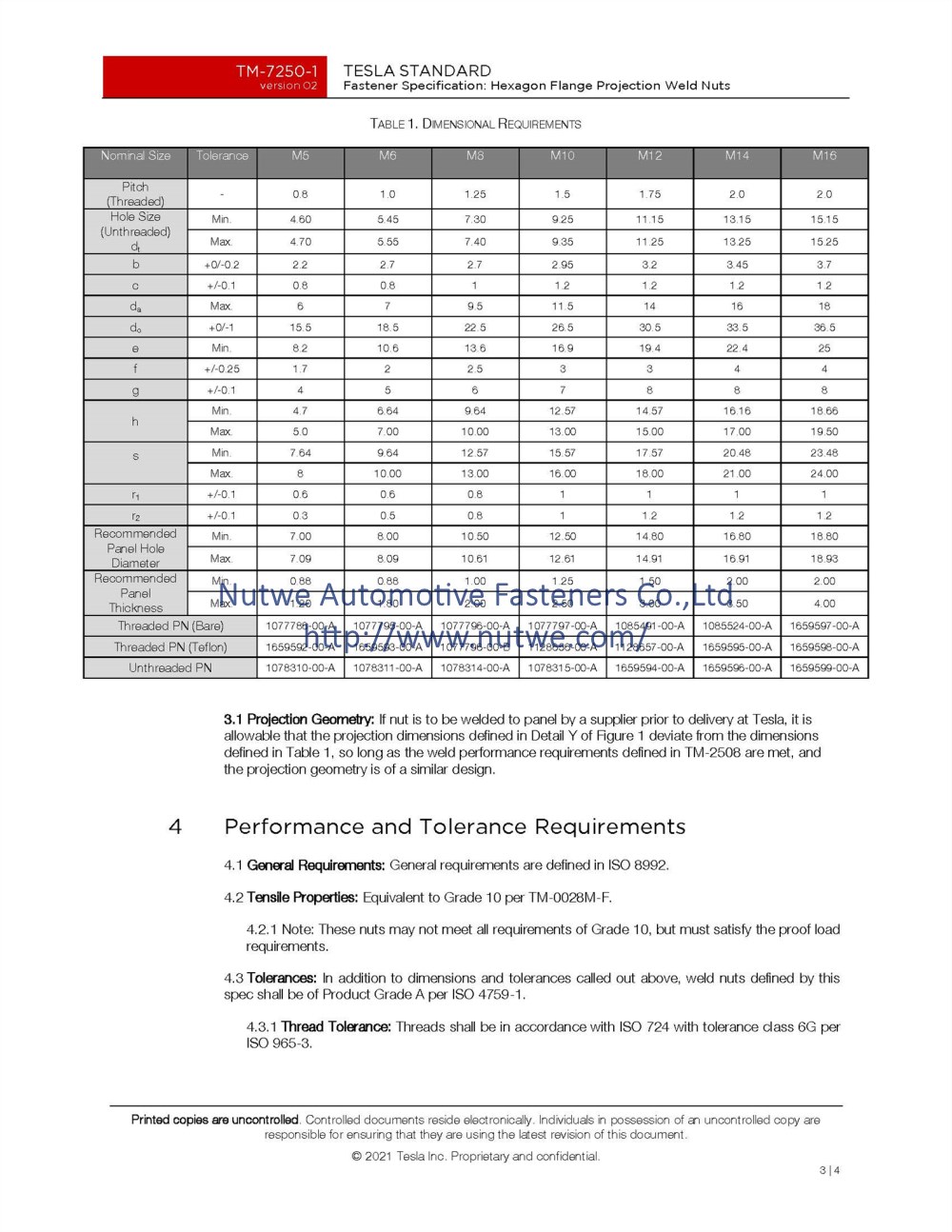 Tesla 1077795 六角法兰焊接螺母 图纸和技术参数