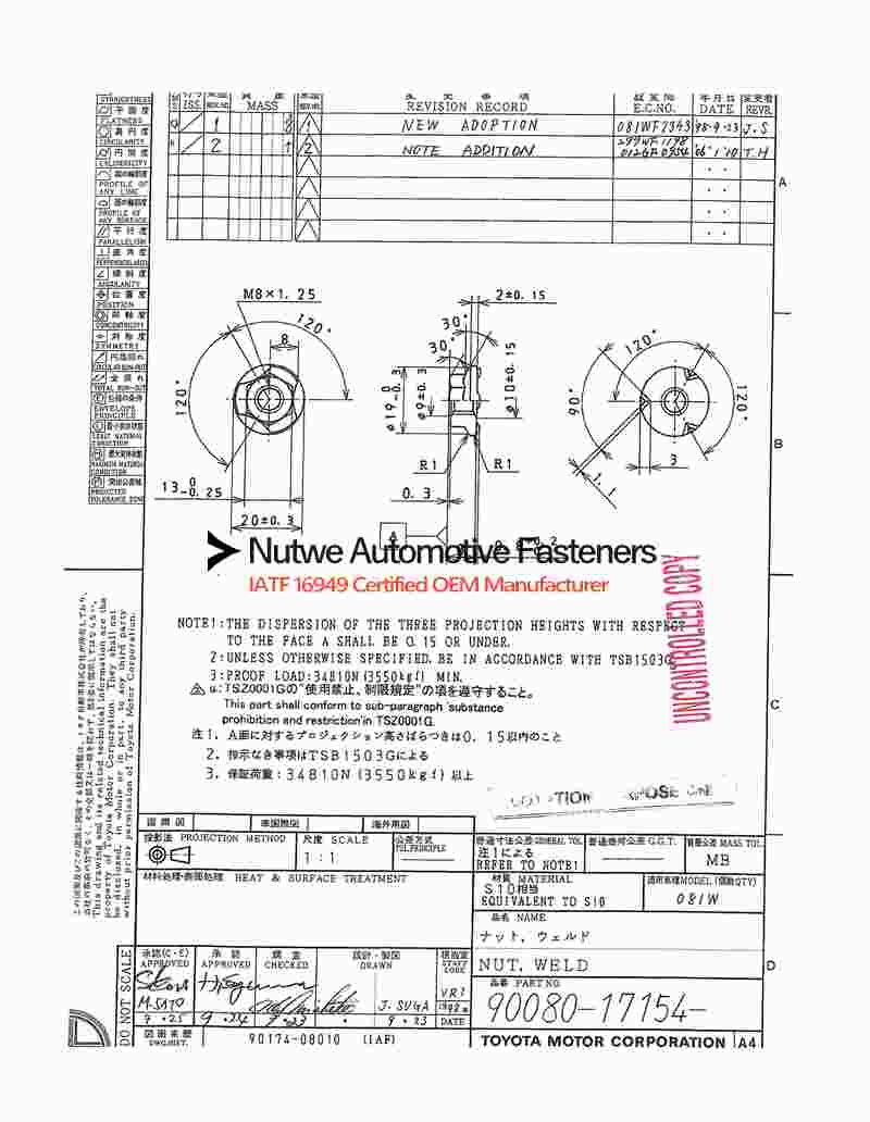 90080-17154 Hexagon Flange Weld Nuts Engineer Drawing and Technical Data Sheet