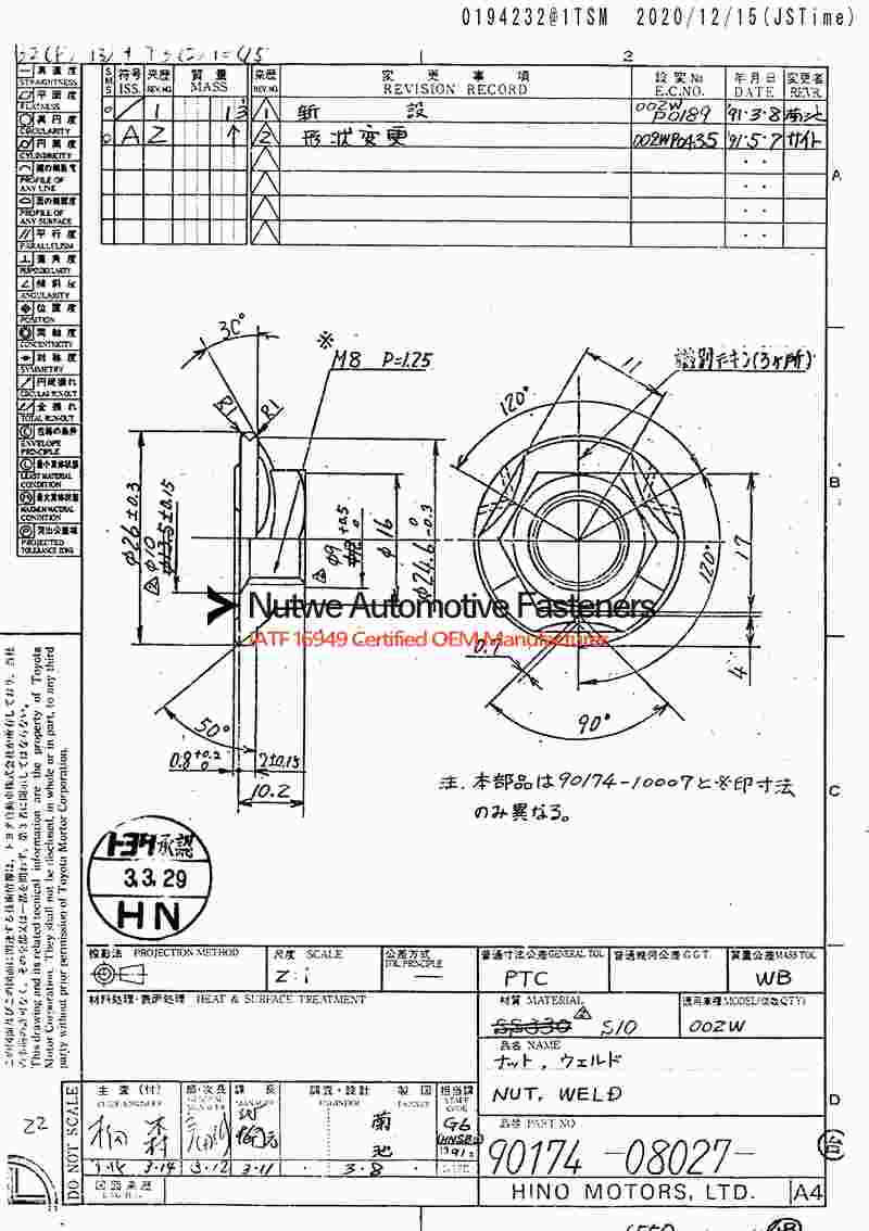 90174-08027 Hexagon Flange Weld Nuts Engineer Drawing and Technical Data Sheet