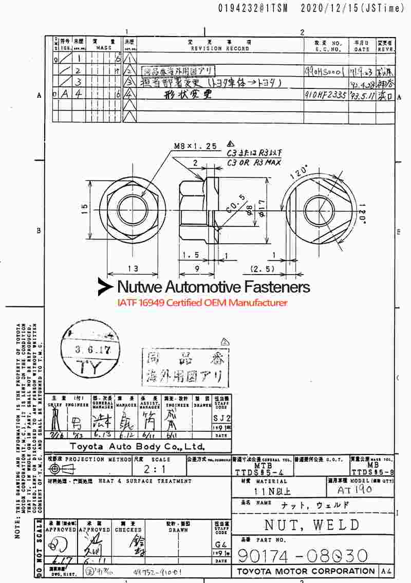 90174-08030 Hexagon Flange Weld Nuts Engineer Drawing and Technical Data Sheet