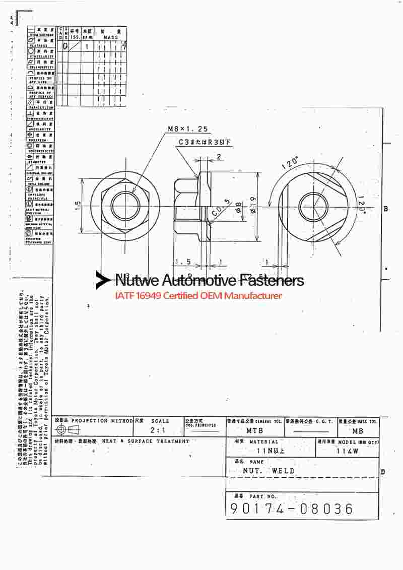 90174-08036 Hexagon Flange Weld Nuts Engineer Drawing and Technical Data Sheet