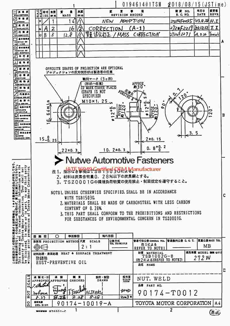 90174-T0012 Hexagon Flange Weld Nuts Engineer Drawing and Technical Data Sheet