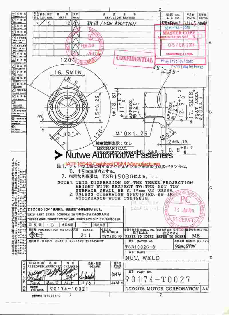 90174-T0027 Hexagon Flange Weld Nuts Engineer Drawing and Technical Data Sheet