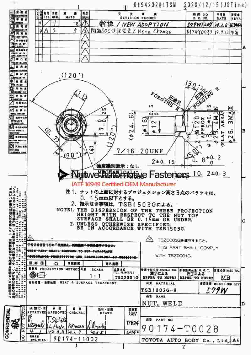 90174-T0028 Hexagon Flange Weld Nuts Engineer Drawing and Technical Data Sheet