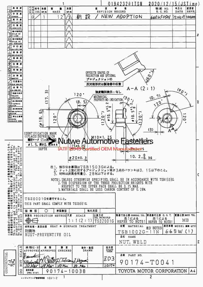 90174-T0041 Hexagon Flange Weld Nuts Engineer Drawing and Technical Data Sheet