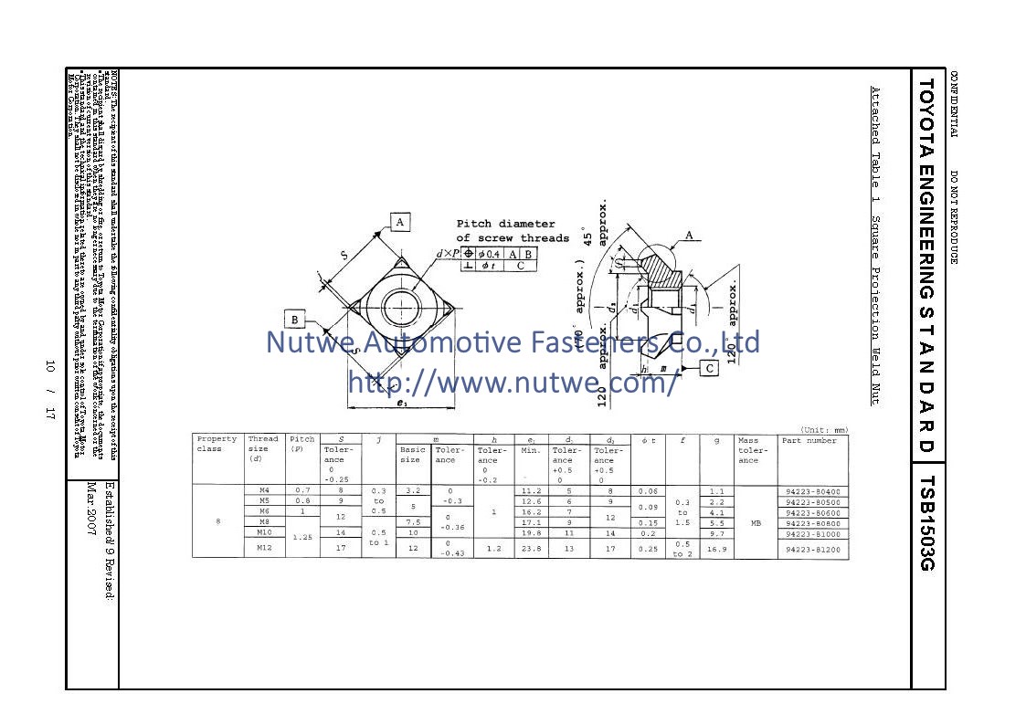 TOYOTA TSB1503G 94223-60500 Square Weld Nuts Engineer Drawing and Technical Data Sheet