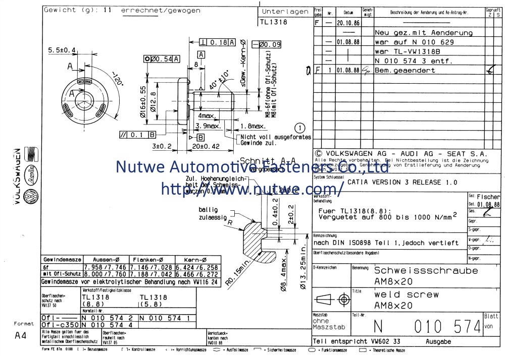 Volkswagen N010574 焊接螺丝 图纸和技术参数