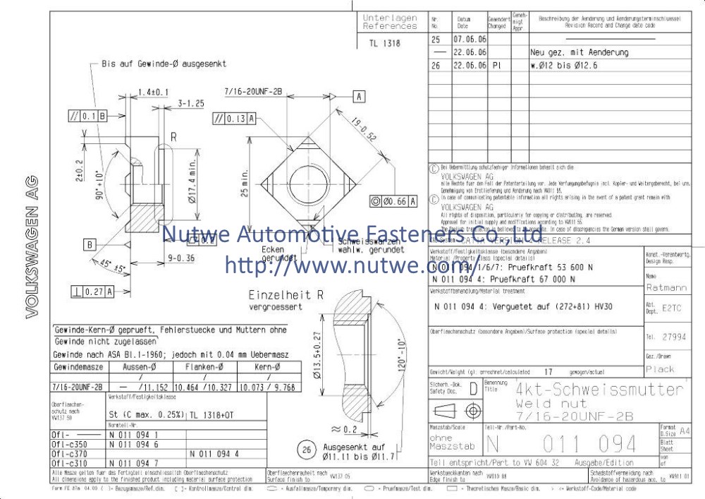 Volkswagen N011094 四方焊接螺母 图纸和技术参数