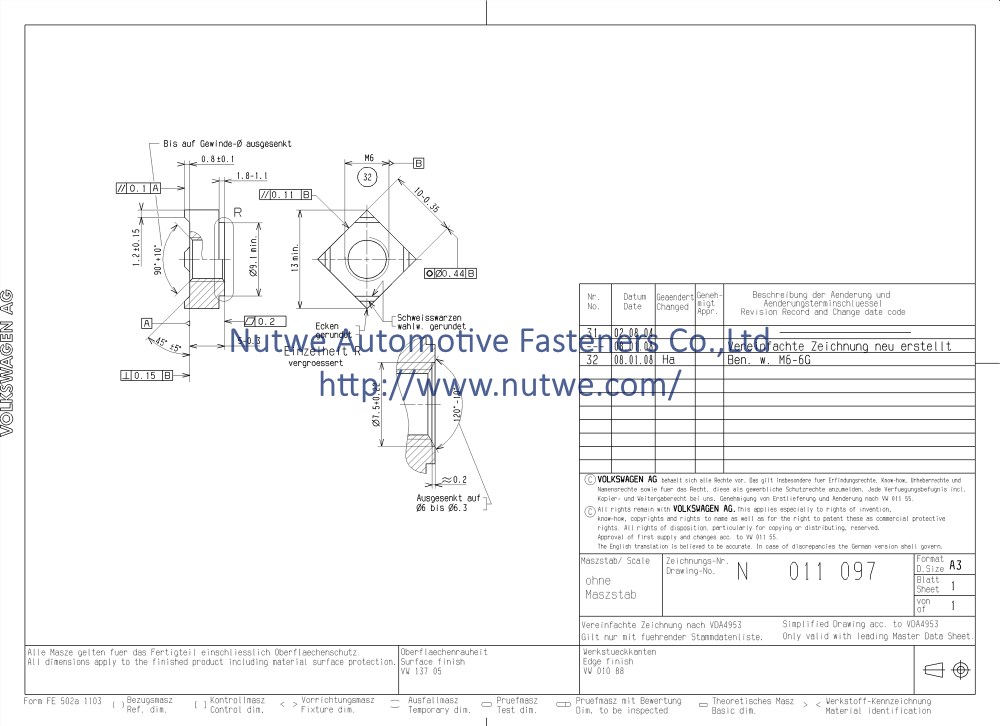 Volkswagen N011097 Square Weld Nuts Engineer Drawing and Technical Data Sheet