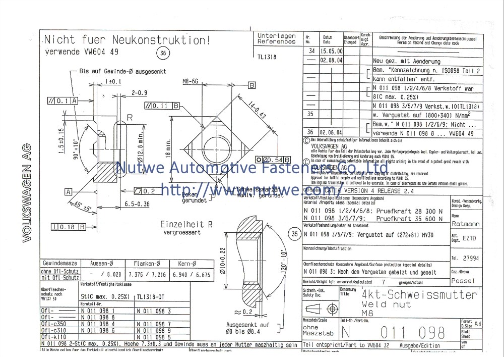 Volkswagen N011098 Square Weld Nuts Engineer Drawing and Technical Data Sheet