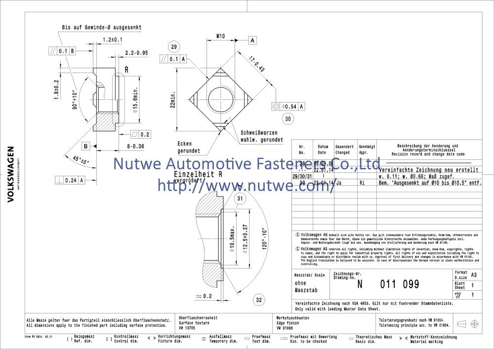 Volkswagen N011099 Square Weld Nuts Engineer Drawing and Technical Data Sheet