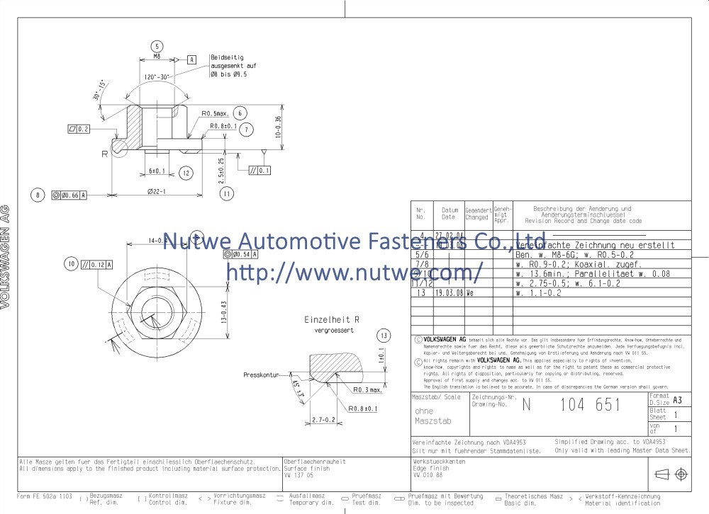 Volkswagen N104651 六角法兰焊接螺母 图纸和技术参数