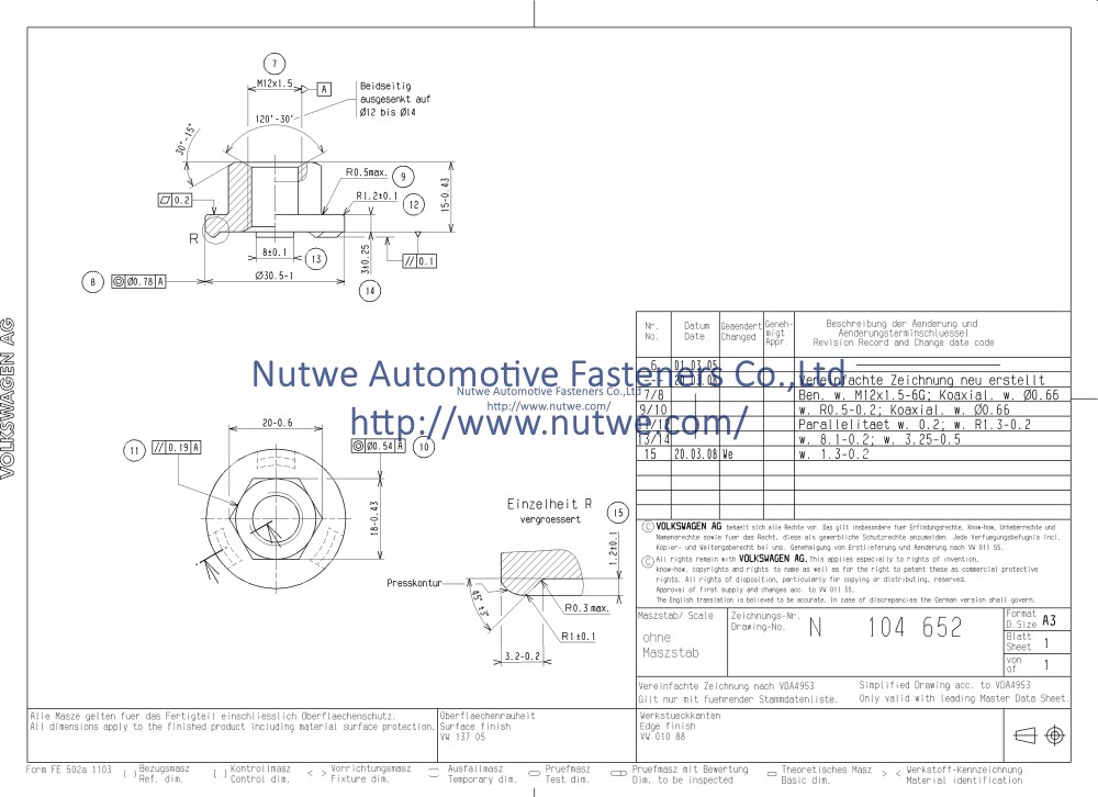 Volkswagen N104652 Hexagon Flange Weld Nuts Engineer Drawing and Technical Data Sheet