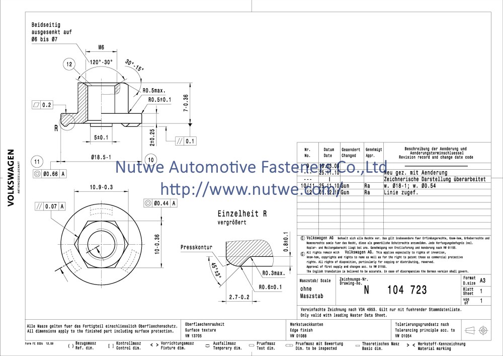 Volkswagen N104723 Hexagon Flange Weld Nuts Engineer Drawing and Technical Data Sheet