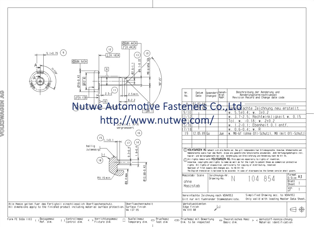 Volkswagen N104854 Projection Weld Screws Engineer Drawing and Technical Data Sheet