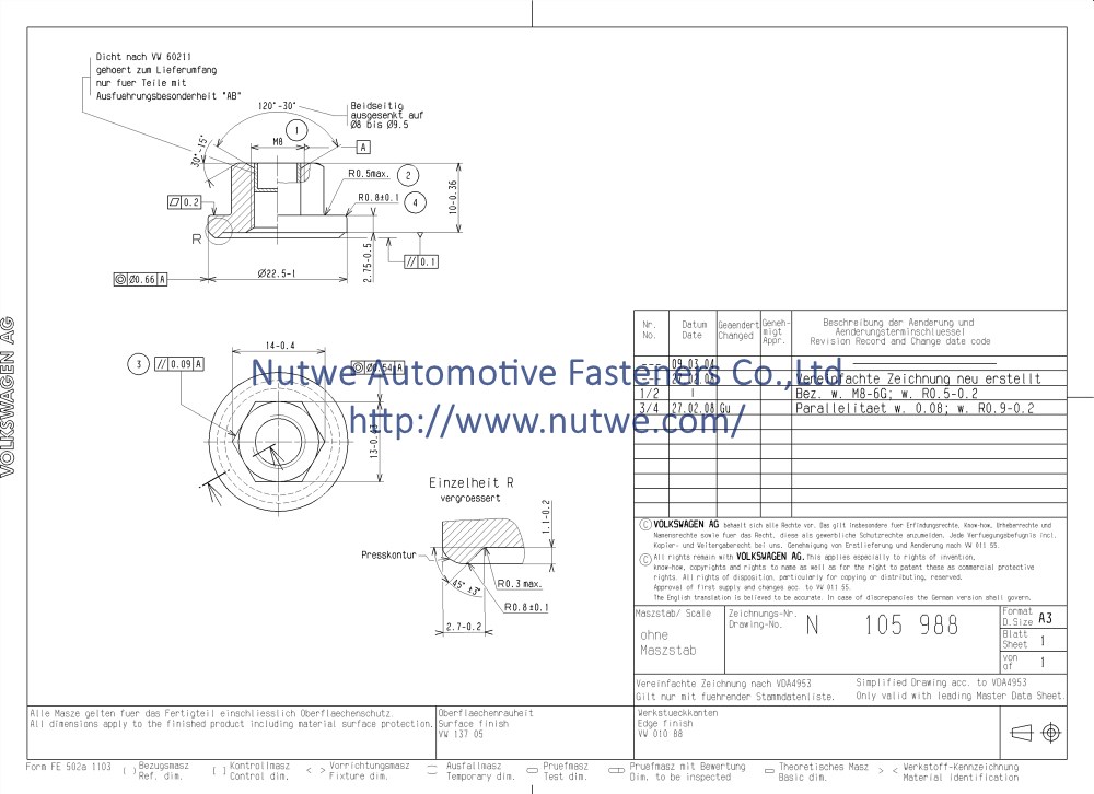 Volkswagen N105988 Hexagon Flange Weld Nuts Engineer Drawing and Technical Data Sheet