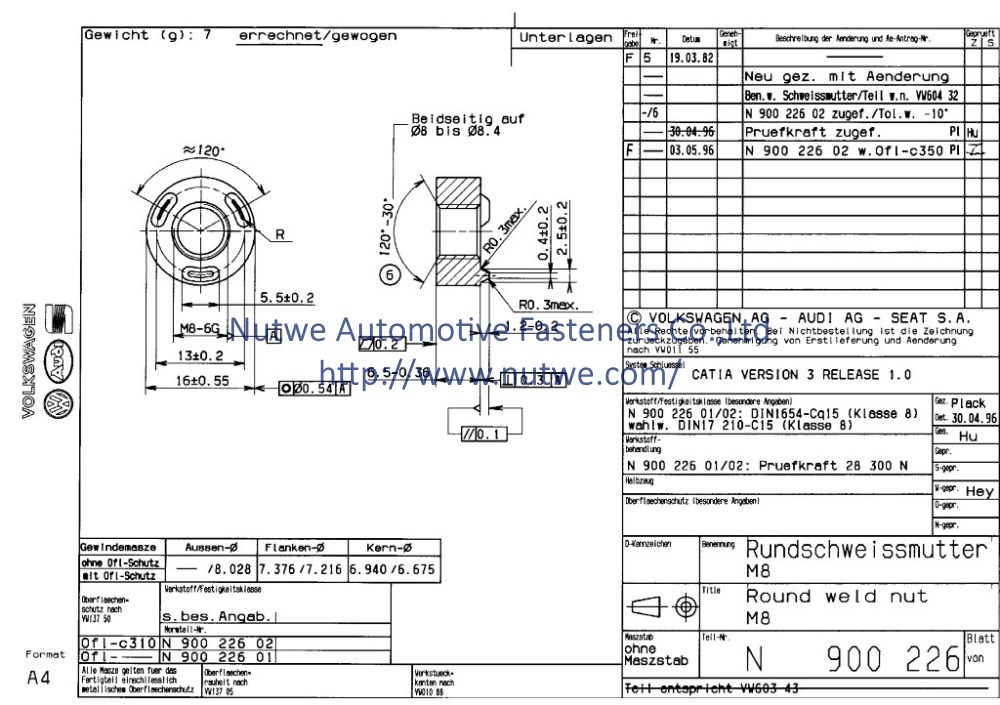 Volkswagen N900226 Round Weld Nuts Engineer Drawing and Technical Data Sheet