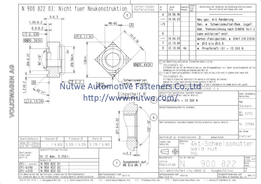 Volkswagen N900822 四方焊接螺母 图纸和技术参数