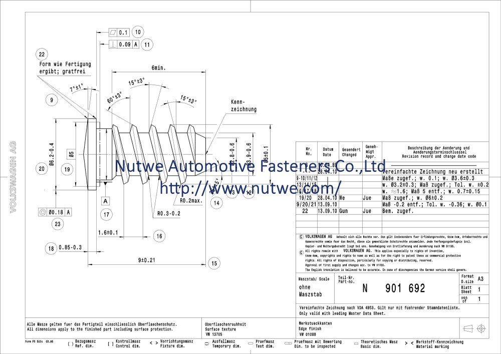 Volkswagen N901692 Weld Screws Coarse Thread Bolt Engineer Drawing and Technical Data Sheet