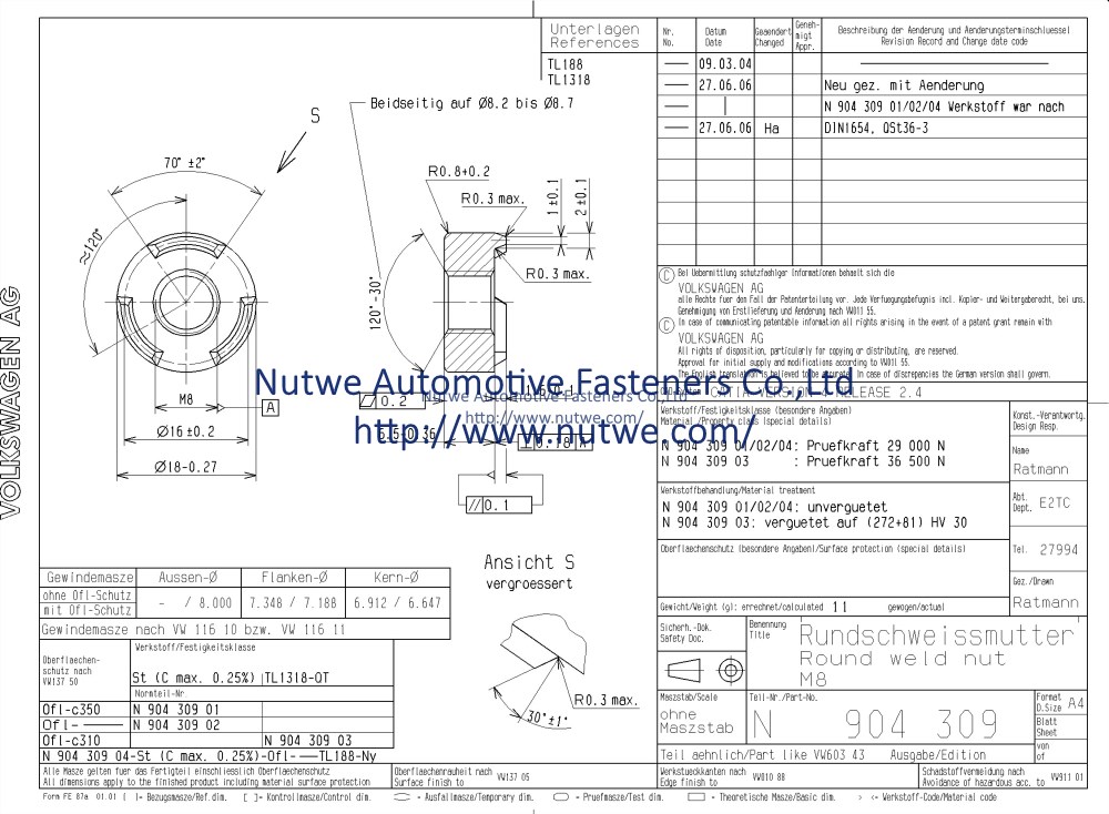 Volkswagen N904309 Round Weld Nuts Engineer Drawing and Technical Data Sheet