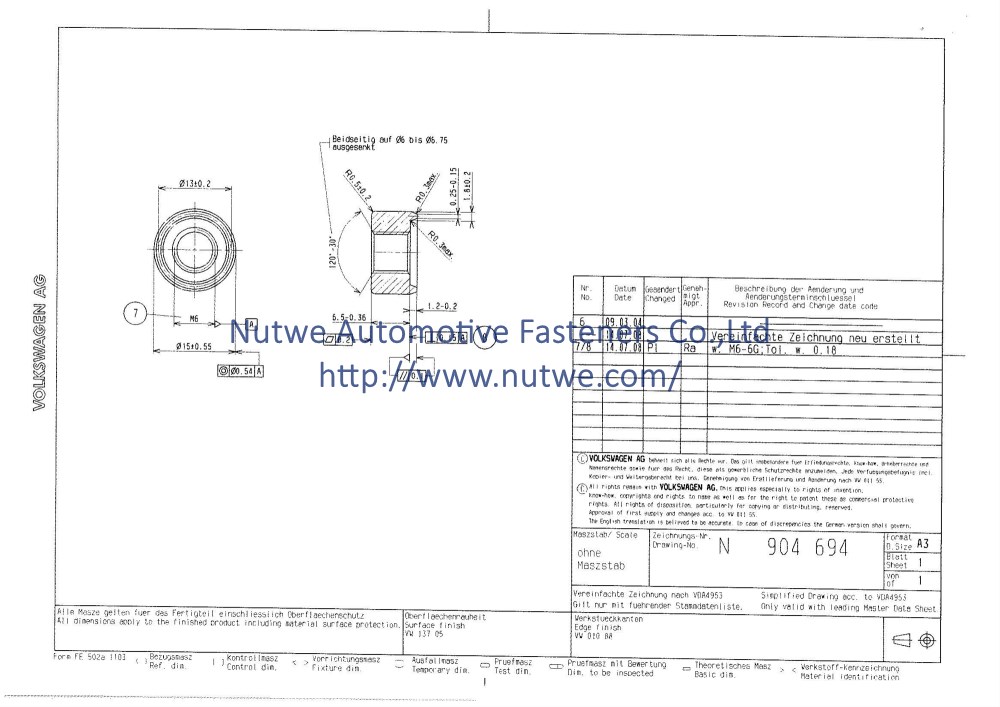 Volkswagen N904694 圆焊接螺母 图纸和技术参数