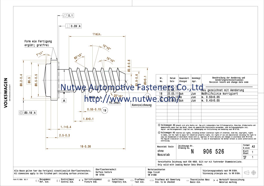 Volkswagen N906526 Weld Screws Coarse Thread Bolt Engineer Drawing and Technical Data Sheet