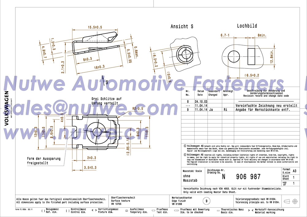 Volkswagen N906987 Spire Clips Engineer Drawing and Technical Data Sheet