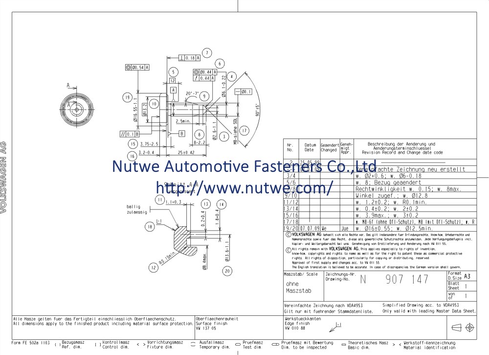 Volkswagen N907147 焊接螺丝 图纸和技术参数