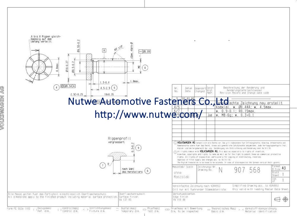 Volkswagen N907568 焊接螺丝 图纸和技术参数