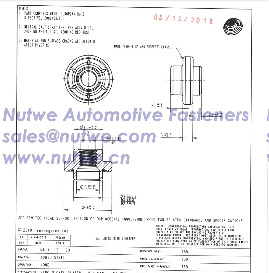 Volkswagen N907674 Shoulder Pierce Nuts, Shoulder Clinch Nuts Engineer Drawing and Technical Data Sheet