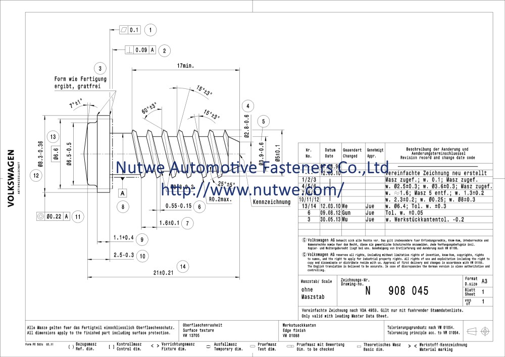 Volkswagen N908045 Weld Screws Coarse Thread Bolt Engineer Drawing and Technical Data Sheet