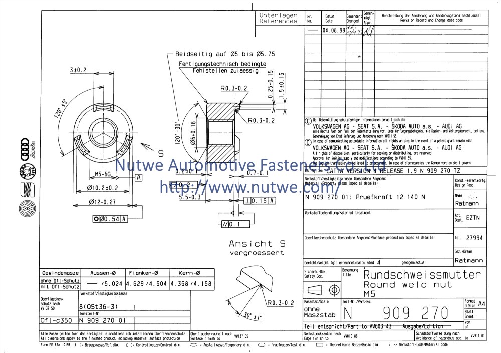 Volkswagen N909270 圆焊接螺母 图纸和技术参数