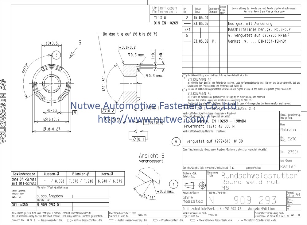 Volkswagen N909293 Round Weld Nuts Engineer Drawing and Technical Data Sheet